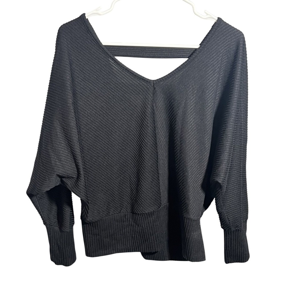 JUST be... Women's Black Ribbed V-Neck Batwing Dolman Sleeve Top Size L